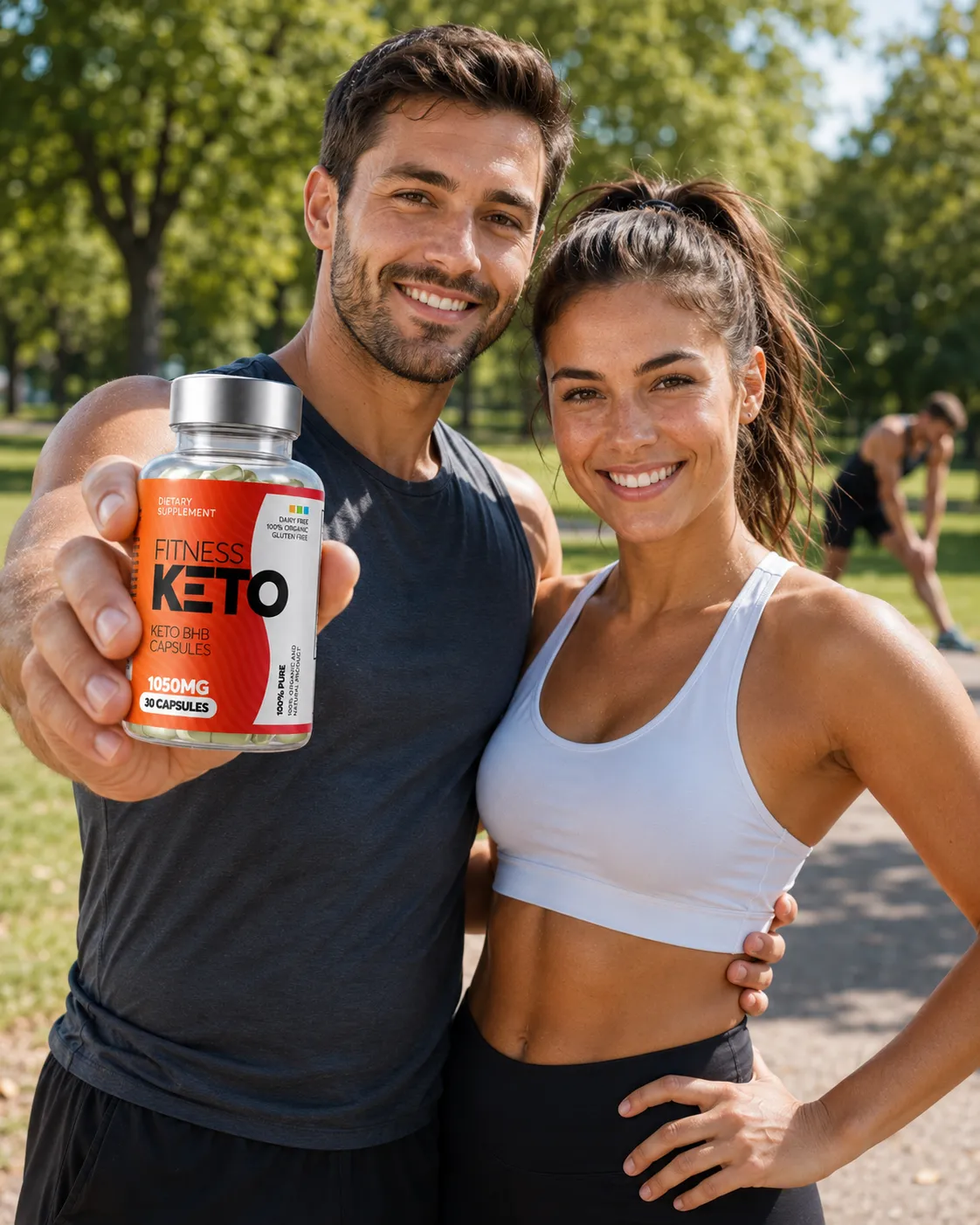 Couple sportif souriant dans un parc tenant un flacon de Fitness Keto
